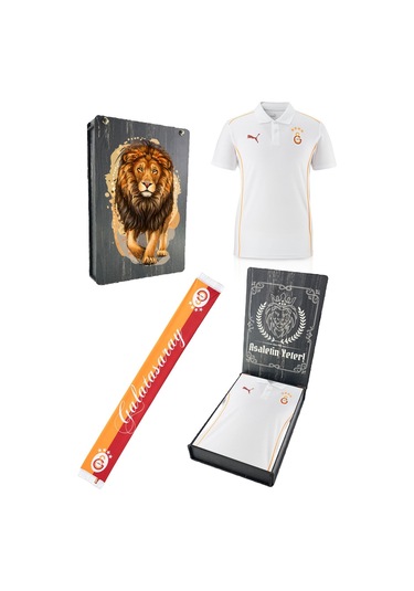 Galatasaray Lisanslı Polo Yaka Beyaz Antrenman T-shirt + Şal Kaşkol Set Hediyelik Ahşap Kutulu Beyaz - Antrasit