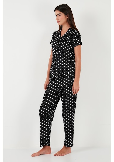 Lela Regular Fit Gömlek Yaka Kısa Kollu Bayan Pijama Takımı 65780124 Siyah