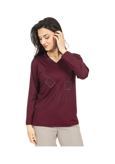 Kadın Orta Yaş Ve Üzeri Yeni Model V Yaka Taş İşlemeli Anne Penye Bluz 30560-vişne Çürüğü