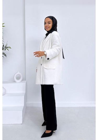 Ka Hijab Vatkalı Kürk Kaban - Beyaz Beyaz