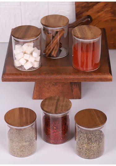 Akasya Kapaklı Borosilikat Cam Baharatlık Saklama Kavanozu 200 Ml 6'lı Ahşap - Şeffaf