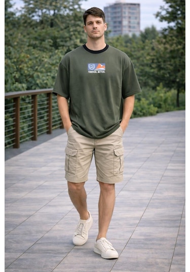 Alexander Gardi Bisiklet Yaka Baskılı Oversize T-shirt Haki