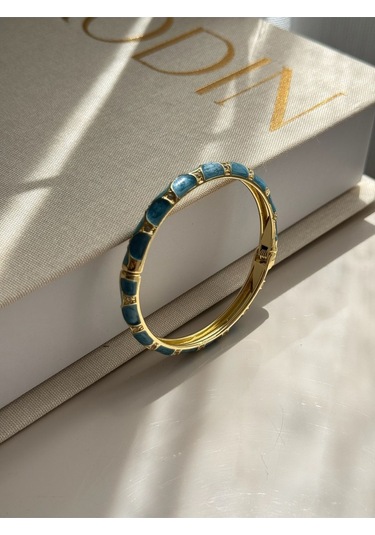 Taş Detaylı Mavi Mineli Altın Kaplama Kelepçe Bilezik Işıltılı Kadın Çelik Takı Altın