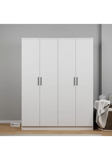 Kardelen Serisi 140 Cm Mat Beyaz 4 Kapılı 5 Raflı Elbise Dolabı Beyaz