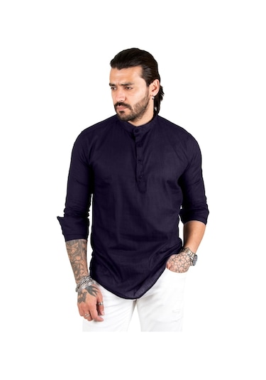 Deepsea Erkek Lacivert Yarım Düğmeli Hakim Yaka Flamlı Keten Gömlek 2201914 Lacivert