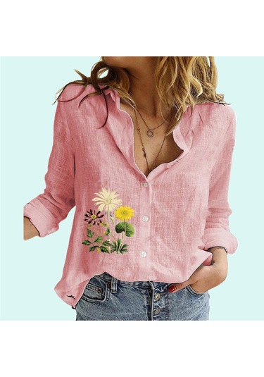 Kadın Modası Çiçek Baskılı Gömlek Kadın Modası İlkbahar&sonbahar Uzun Kollu Üst Bayan Keten Uzun Kollu Bluzlar Pembe