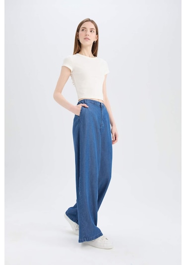 DeFacto Pull On Wide Leg Yüksek Bel Uzun Tensel Yıkamalı Pantolon D8239AX25SMNM28