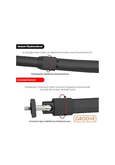 Vankyo Groove 30-60cm Alüminyum Projeksiyon Cihazı Tavan Askı Aparatı Duvar Bağlantı Aparatı Universal Projector Siyah 360 Dönebilen Tripod Yuvalı