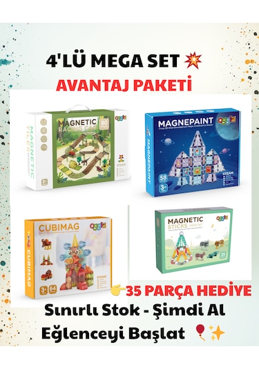 4 Lü Manyetik Blok Seti Eğitici Oyuncak 35+58+64+80 Parça Mega Avantaj Paket