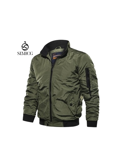 Moda Düz Renk Rahat Dik Yaka Erkek Uçuş Ceketi Yeşil