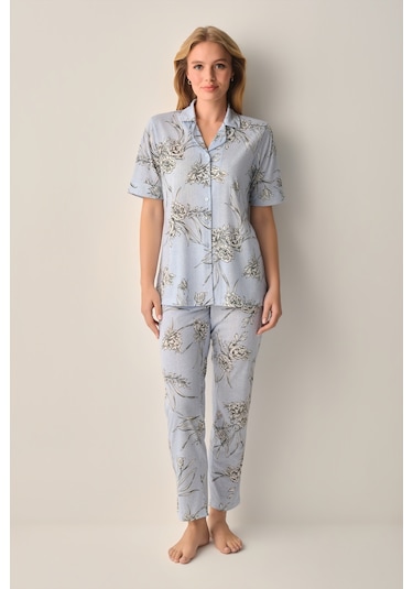 Suwen Mina Gömlek Yaka Pijama Takımı Sh26639660b348 Mavi