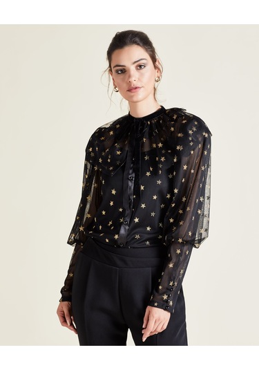 Yıldız Desenli Transparan Tül Gömlek Işıltılı Ve Romantik Tasarım Siyah