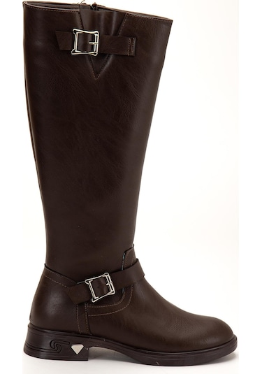 Kahverengi Kadın Çizme Düz Topuklu Bilek Kemerli-4285 Kahverengi