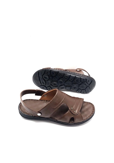 Derilax Hakiki Deri Tam Ortopedik Büyük Numara Erkek Sandalet Kahverengi