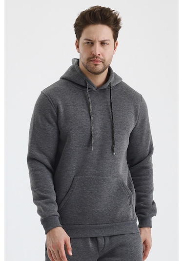 Monox Erkek Kapşonlu 3 İplik Sweatshirt Antrasit