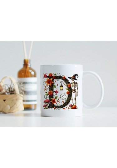 D Harfi Şapkalı İskelet Figürlü Ve Çiçekli Kupa Bardak - Cadılar Bayramı / Halloween Özel Hediye Beyaz