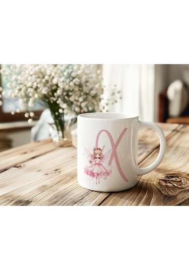X Harfi Pembe Peri Kızı Figürlü Kupa Bardak Masalsı Çay Kahve Kupası - Kişiye Özel Hediye Beyaz