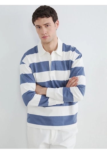 Lc Waikiki Mavi Polo Yaka Çizgili Erkek Sweatshirt