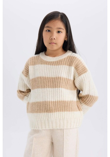 DeFacto Kız Çocuk Çizgili Bisiklet Yaka Triko Kazak A6009A824WNBG387 Bej