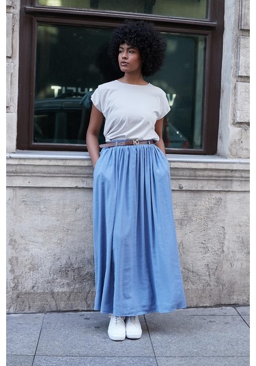 Kadın İpeksi Dokulu Modal Kumaş Cepli Beli Lastikli Bilek Boy Uzun Etek Deri Kemer Dahil -indigo İndigo Kadın İpeksi Dokulu Modal Kumaş Cepli Beli Lastikli Bilek Boy Uzun Etek Deri Kemer Dahil -indigo İndigo