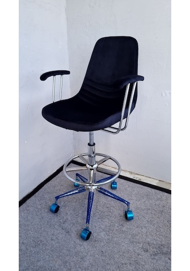 Bintaş Mobilya Siyah Kumaş Tekerlekli Kollu Rahat Bar Sandalyesi Siyah