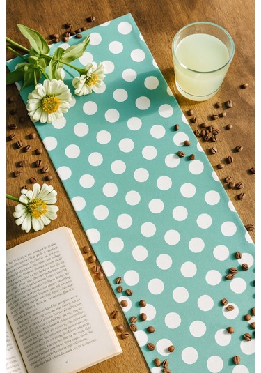 Su Yeşili Puantiyeli Pamuklu Şık Masa Runnerı 50x150 Cm Modern Ve Zarif Masa Örtüsü Runner Su Yeşili Puantiyeli