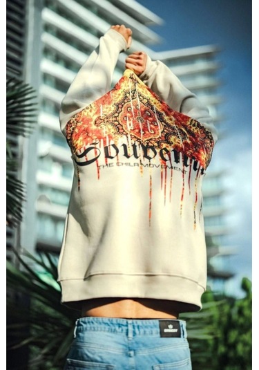 Oversize Bisiklet Yaka Baskılı Sweatshirt - Beyaz renkli Çok Renkli