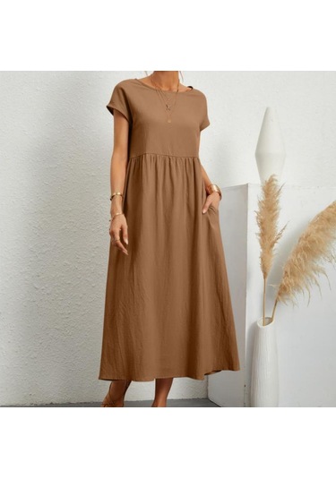 2022 Yeni Düz Renk Kolsuz Etek Gevşek Pamuk Keten Elbise Ekleme Cepler Elbise Kahverengi
