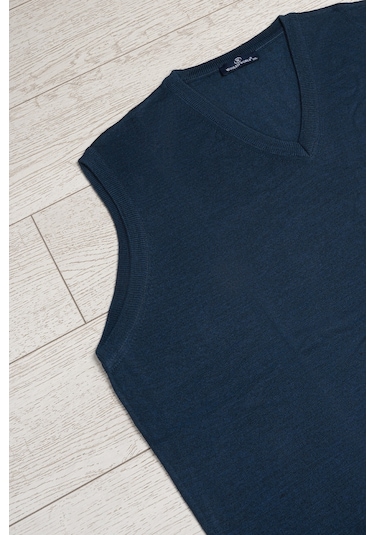 V Yaka Battal Büyük Boy Yünlü Kolsuz Triko Süveter İndigo