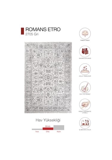 Enti Etro 2705 Vintage Makine Halısı - Robot Süpürge Uyumlu Dikdörtgen Halı Açık Gri