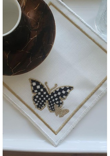 Kelebek Nakışlı Keten Kare Bardak Altlığı Seti 6 Lı Beyaz