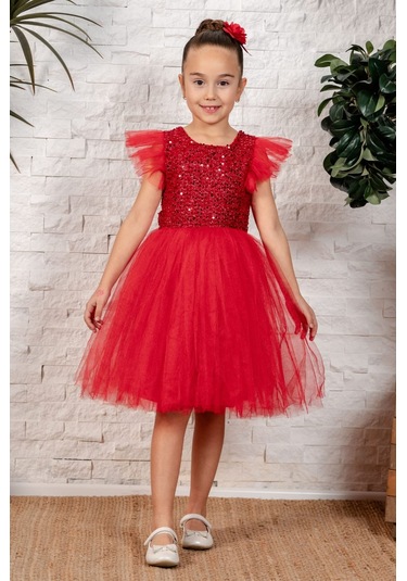 Tüllü Kız Çocuk Kpl Elbise Mnk0526 Kırmızı