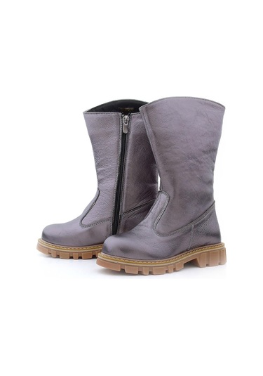 Rakerplus Hakiki Deri Platin Fermuarlı Uzun Kız Çocuk Çizme Platin