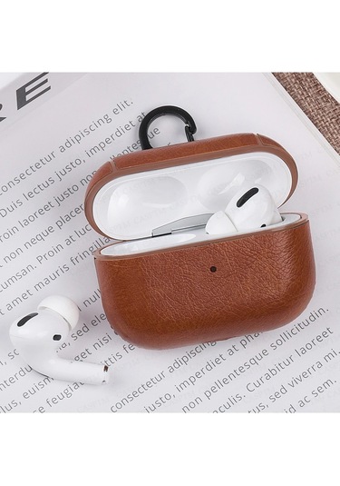 Airpods Pro 3 2025 Uyumlu Lüx Deri Suni Deri Kılıf 360 Koruma+kanca Açık Kahverengi