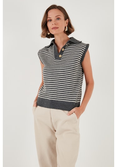 Lela Çizgili V Yaka Triko Bayan Süveter 4616171 Koyu Gri-Krem