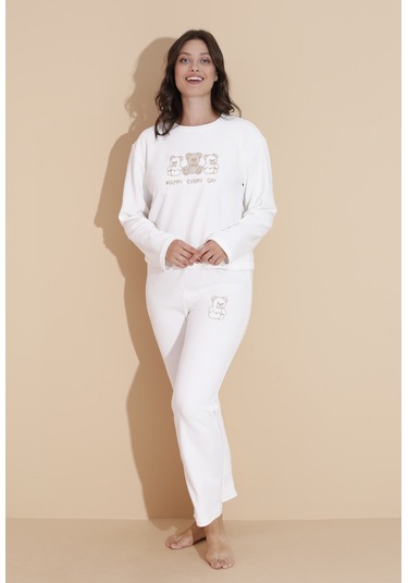 Mr 9010 Havlu Kumaş Ayıcık Nakışlı Kışlık Kadın Eşofman Pijama Takımı Beyaz