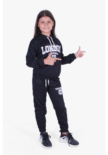 Fyk Kids Kapüşonlu-london Baskı Detaylı Kız Çocuk Eşofman Takımı Siyah