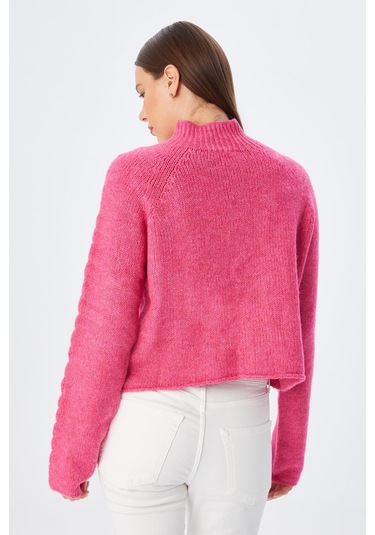 6855 Kadın Dik Yaka Saç Örgülü Triko Kazak Fuşya Fuşya