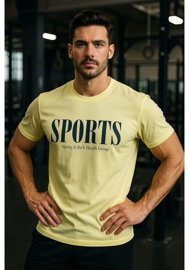 Erkek Sarı Basic T-shirt Baskılı Slim Fit %100 Pamuk Tişört Sarı