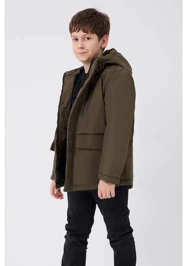 Kız Çocuk Haki İçi Kürklü Su Ve Rüzgar Geçirmez Kapüşonlu 3 Cep Kışlık Mont & Kaban & Parka Haki