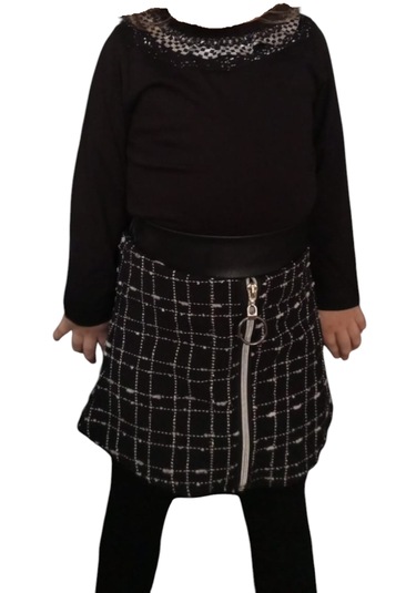 Kız Çocuk Siyah Uzun Kollu Bluz Ve Ekose Desenli Fermuarlı Etek Takımı Siyah