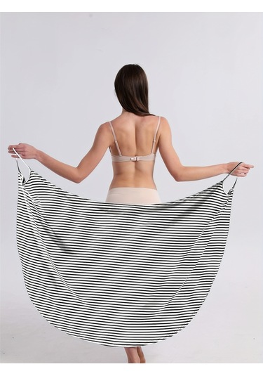 Spagetti Askılı Şık Çizgili V Yaka Plaj Elbisesi Mavi