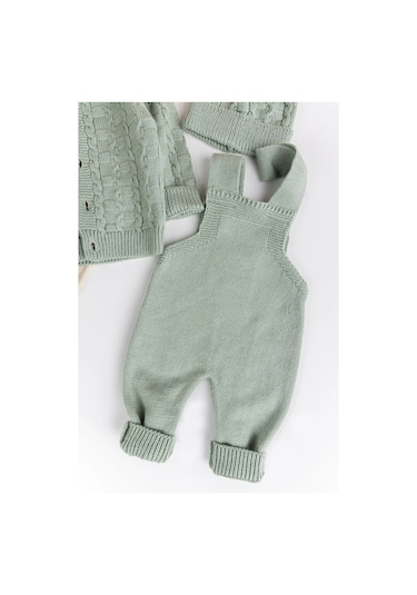 Triko Hırkalı 3'lü Ayarlanabilir Askılı Örgü Erkek Bebek Salopet Tulum Takım Set Yeşil