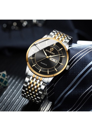 Novahub Bınbond B2077 30m Su Geçirmez Kuvars Aydınlık Saat Kelebek Toka Erkek Çelik Kemer İzle Altın Altın Renk Desenli Çok Renkli