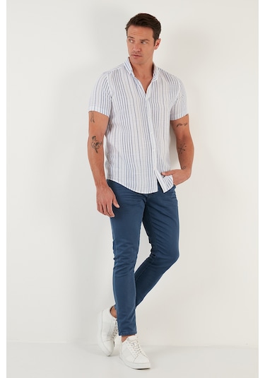Buratti Çizgili Pamuklu Slim Fit Kısa Kollu Erkek Gömlek Cf23S116097 Beyaz-Saks