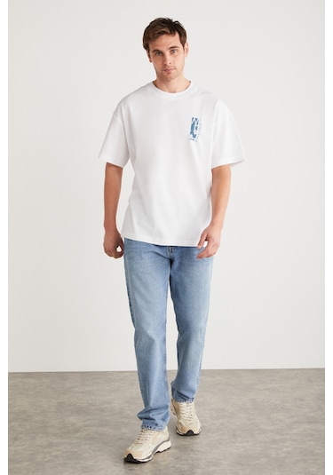 Antonıo  Erkek Baskı Detaylı %100 Organik Pamuk Örme Oversize Beyaz T-shirt