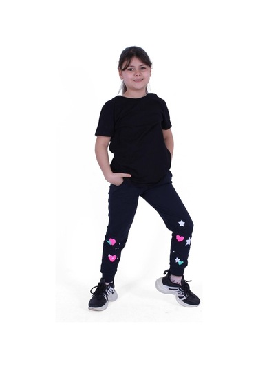 Fyk Kids Baskılı, Kalp Desen Detaylı Kız Çocuk Eşofman Altı Lacivert