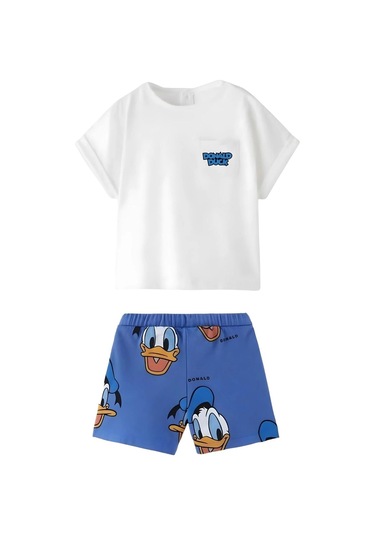 Unisex Bebek & Çocuk Donald Duck Baskılı Pamuklu Bisiklet Yaka Beyaz T-shirt Ve Şort Alt Üst Takım Beyaz