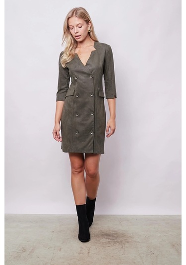 Kadın Kadife Likralı Yumuşak Dokulu Kruvaze Kapri Truvakar Kol Kolu Yırtmaçlı Ofis Ceket Elbise-haki Haki