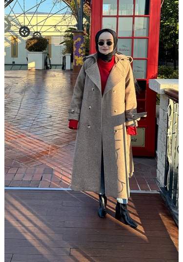 Uzun Apolet Detaylı Kaşe Kaban Kahve Kahve